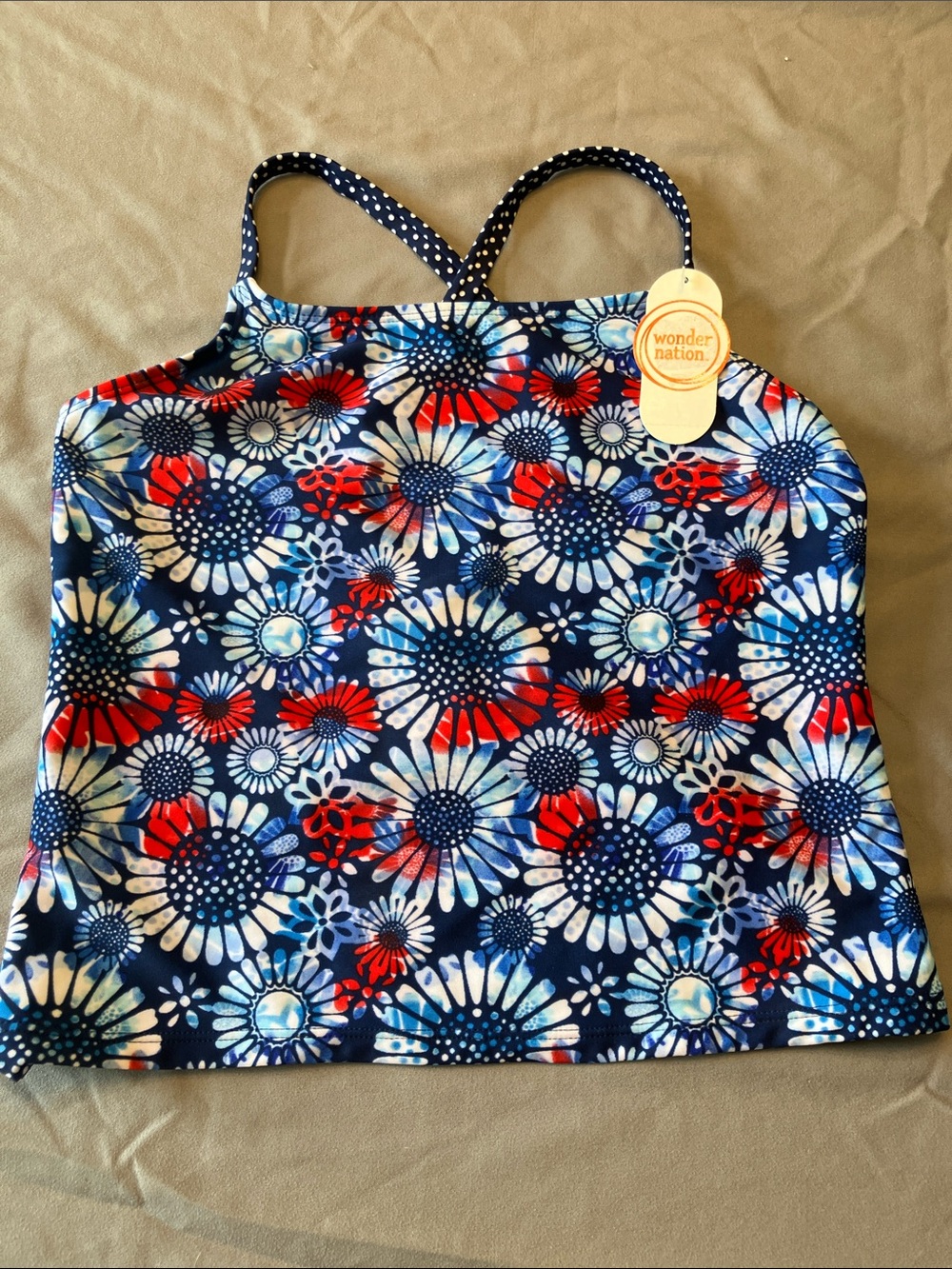 NWT - wonder nation Navy Floral Print swim topwith Red & White Accents